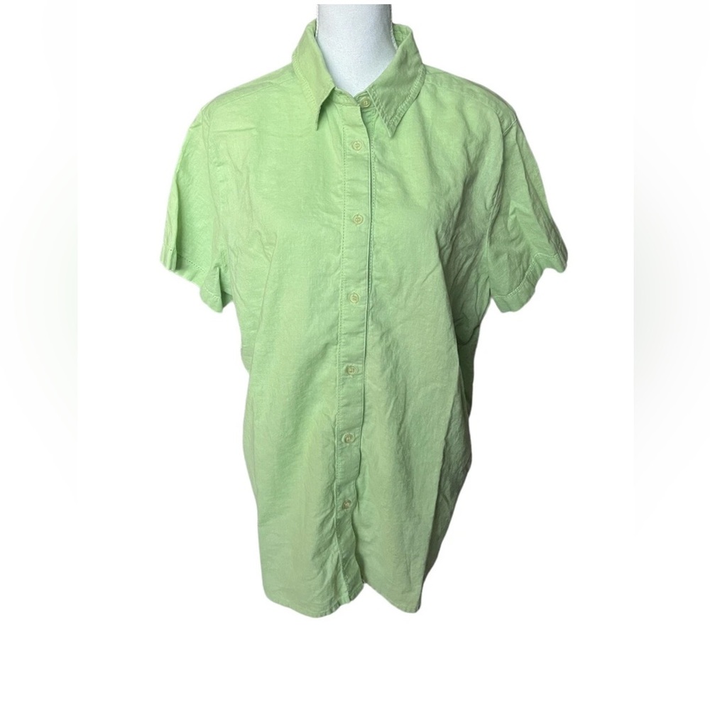 Amanda Smith Size 22 Linen Blend Button Up Short Sleeve Top Shirt Green